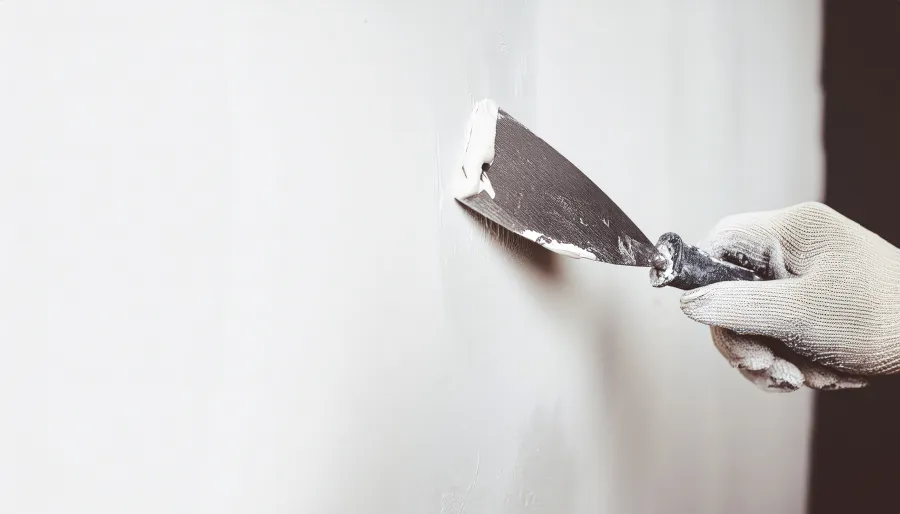 Close up of a hand using a putty knife to apply putty to a wall